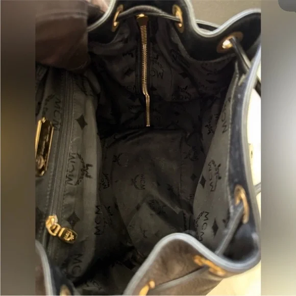 MCM Black Leather Backpack with Gold Accents and draw strings 12"x11" - Picture 15 of 16